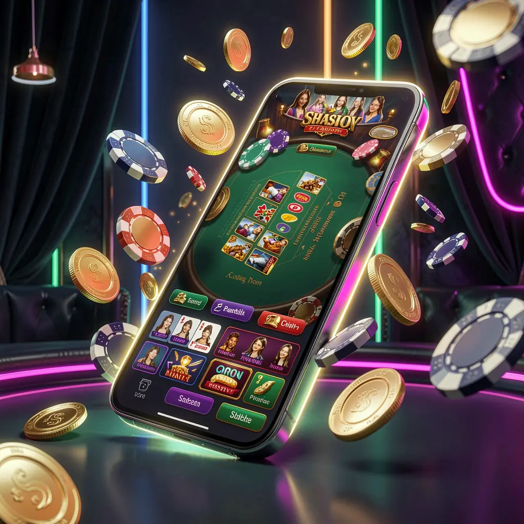 G8899 online casino mobile app hero banner featuring a modern smartphone with glowing casino interface, golden coins and poker chips flying around against a dark luxury background with neon accents