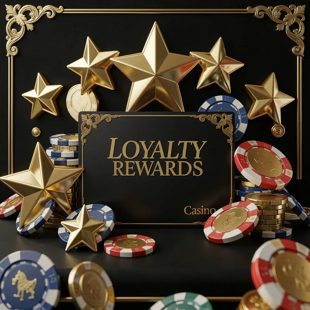 G8899 loyalty rewards casino image featuring golden stars, poker chips, coins, and a luxury reward card on an elegant black and gold background in a realistic 3D render