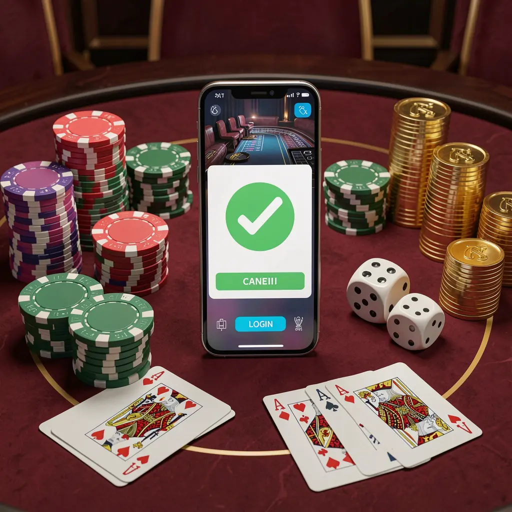 G8899 safe casino login concept showing a smartphone with verification checkmark icon surrounded by chips, cards, dice, and golden coins on an elegant luxury casino table in a 3D realistic render