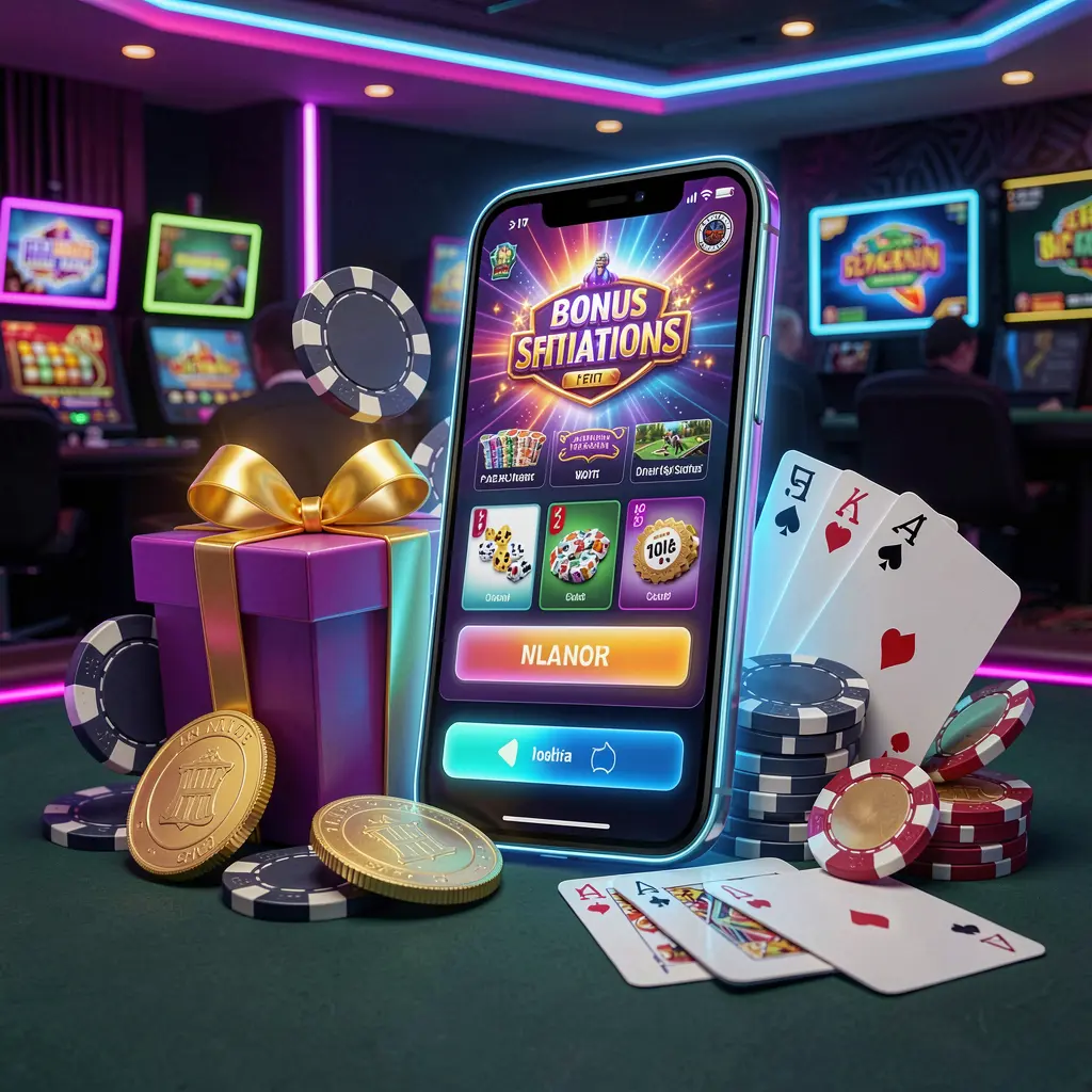 Modern casino website hero scene featuring a smartphone with glowing interface surrounded by bonus gift box, chips, coins, and playing cards in premium neon casino style, showcasing G8899's responsible gaming theme